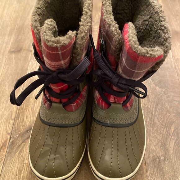 Sorel Tivoli Plaid Rain Ankle Booties Insulated Duck Boots Snow Hiking Olive 7 - Picture 5 of 6